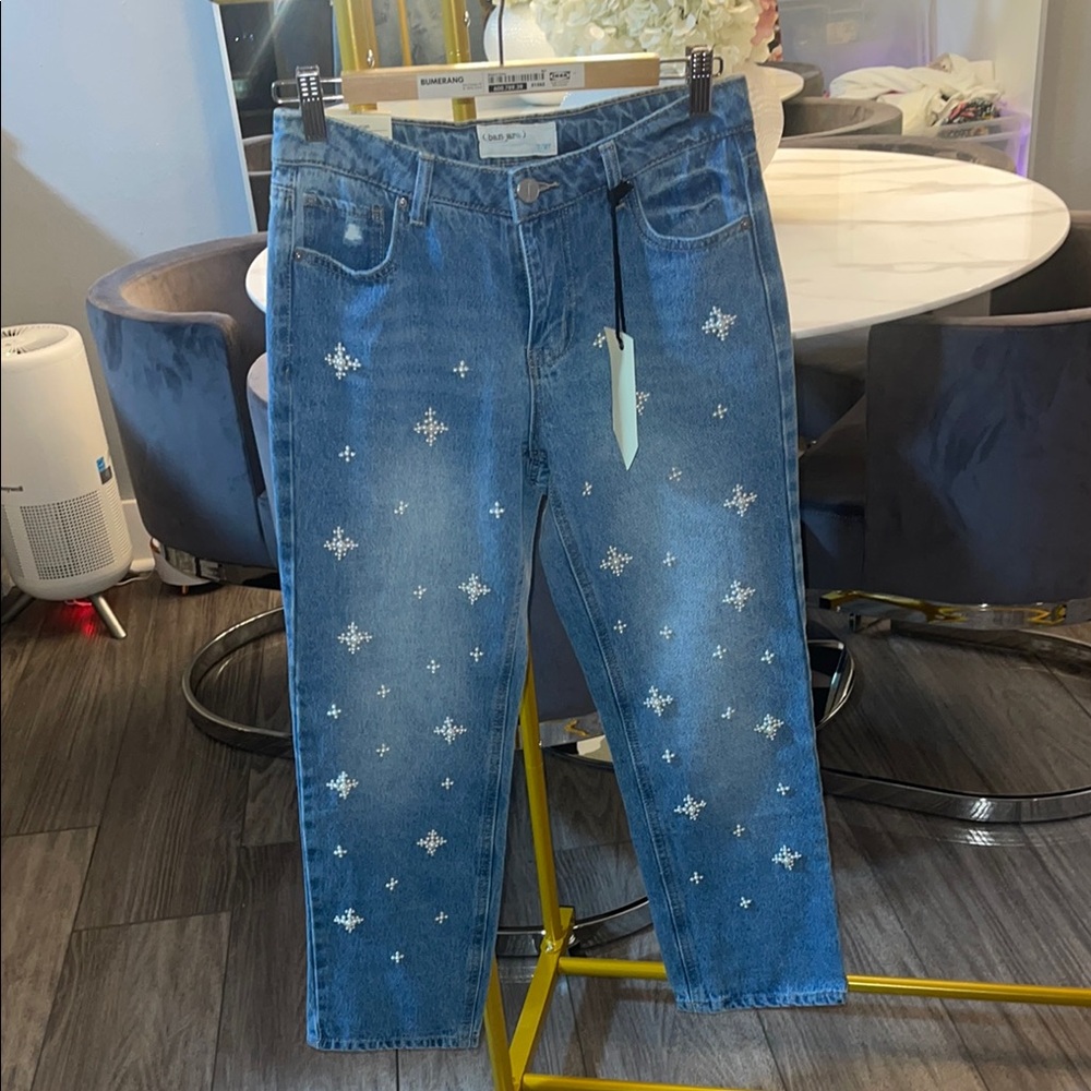 Blue Straight Jeans with Whimsical Star Pattern